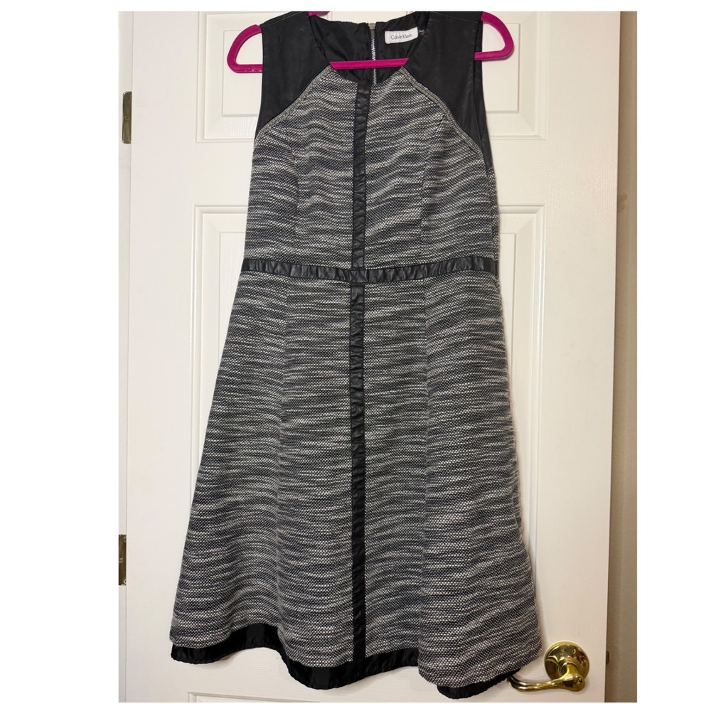 Calvin Klein Womens Tweed Faux Leather Trim Fit Flare Dress Black White